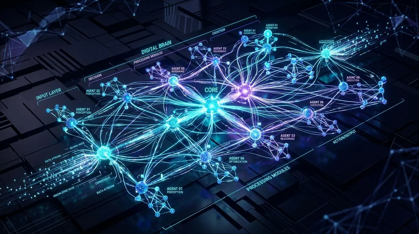 Illustration of connected nodes and data paths glowing blue across a dark network map
