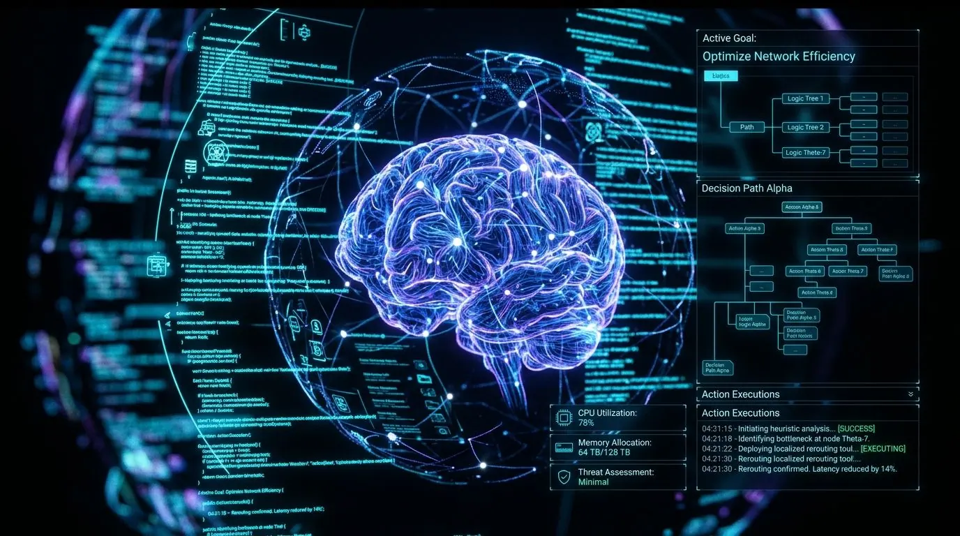 Illustration of a glowing digital brain beside panels of decision steps and log entries