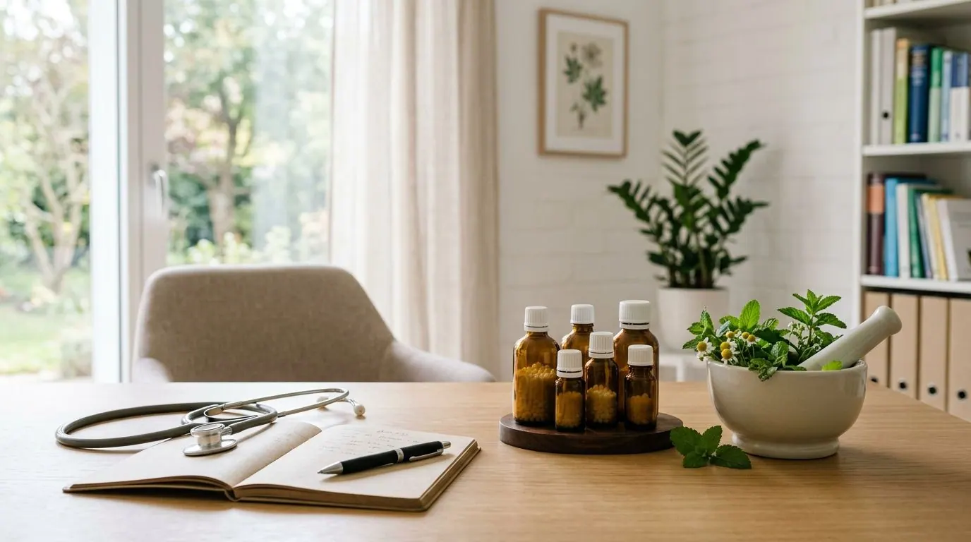 A handwritten notebook, stethoscope and small medicine bottles on a consulting room desk