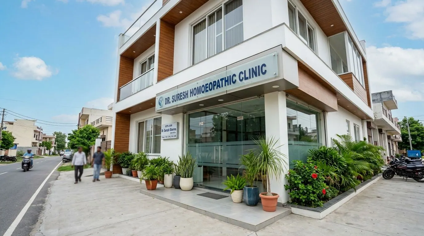 Street view of the Dr. Suresh Homoeopathic Clinic building in Roorkee, with its signboard above a glass entrance and potted plants outside