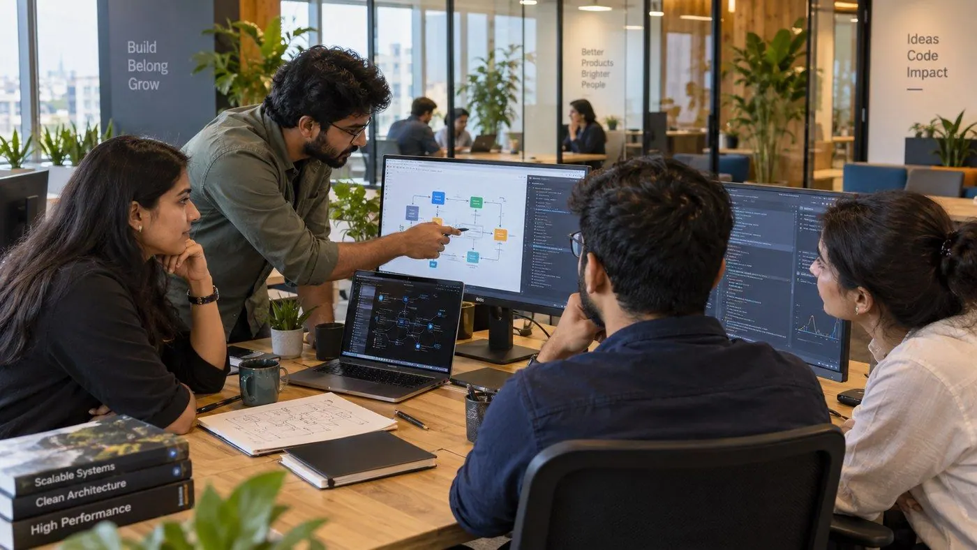 Engineers gathered around monitors showing code and dashboards in an open office