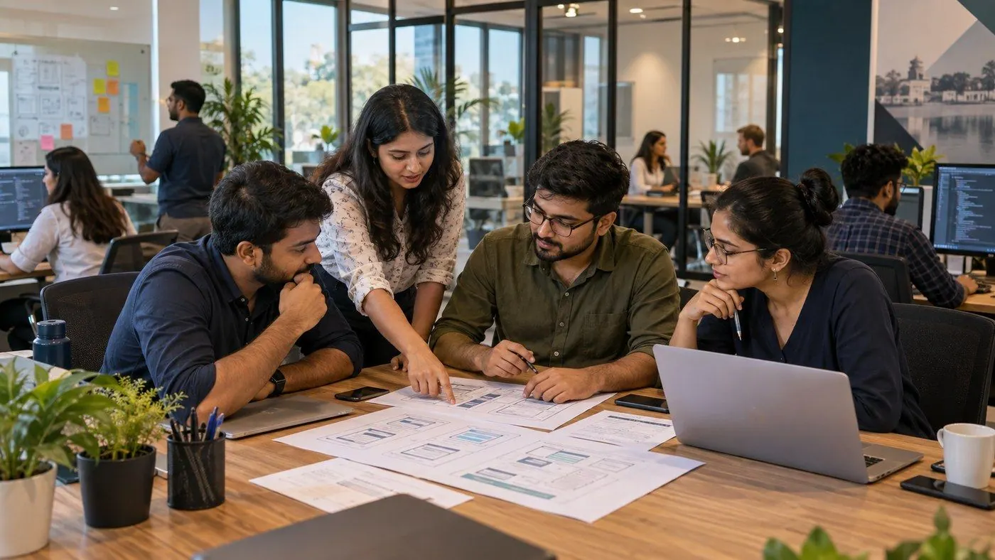 Colleagues around a table reviewing printed charts and data sheets together
