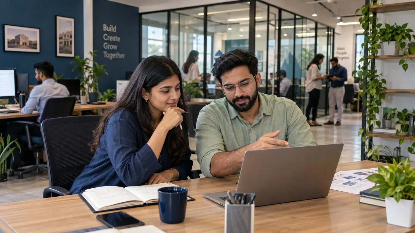 Two colleagues discussing work at a laptop in a bright open office