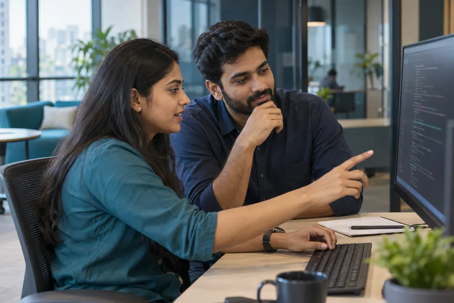 Two engineers at a workstation, one pointing at code on the screen while explaining it to the other