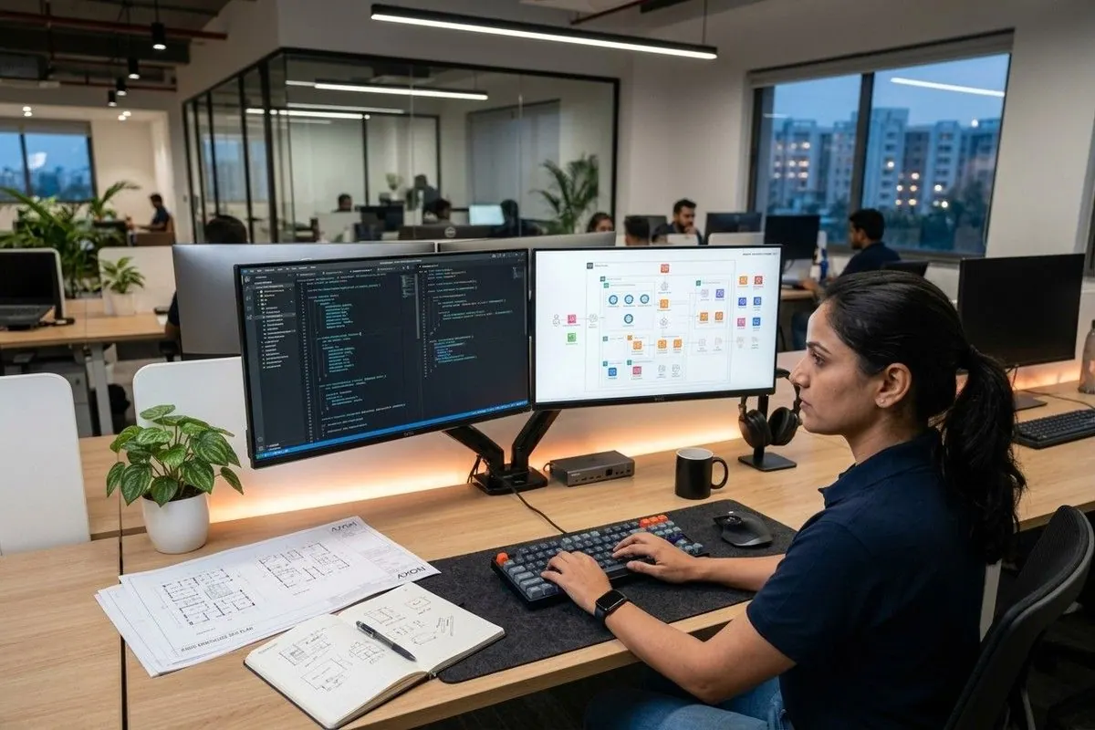 An engineer working at two monitors showing code and a network diagram