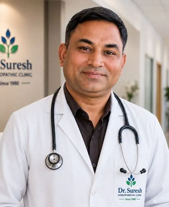 Rohit in a white coat with a stethoscope around his neck, smiling, in a clinic corridor