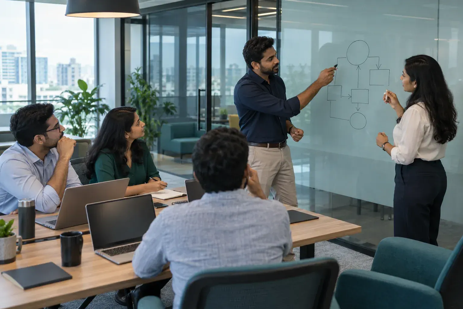 A team at desks while one person draws a process flow on a glass whiteboard