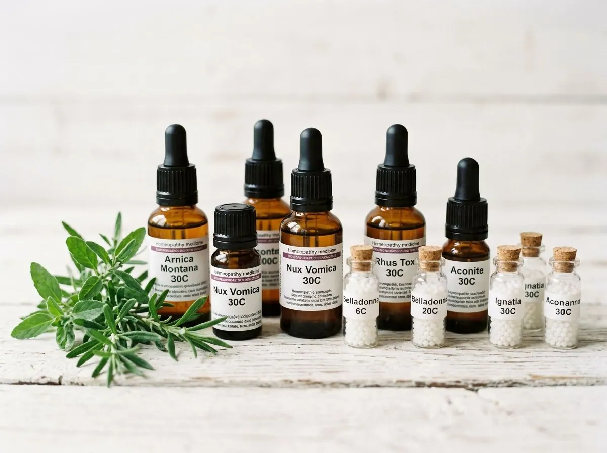 Small amber dropper bottles and clear vials of homoeopathic medicines with fresh green herbs on a white table
