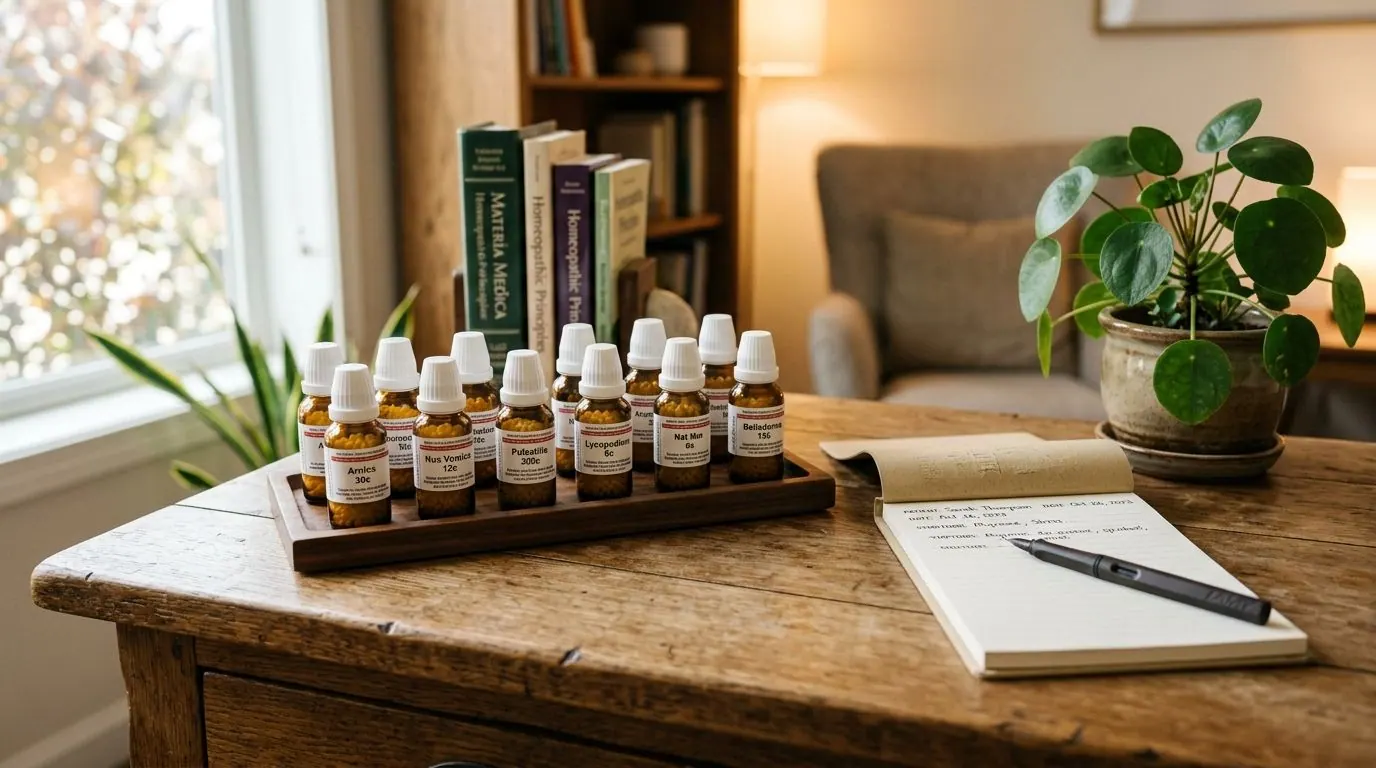 Homoeopathic medicine vials in a wooden rack beside an open notebook and pen on a desk
