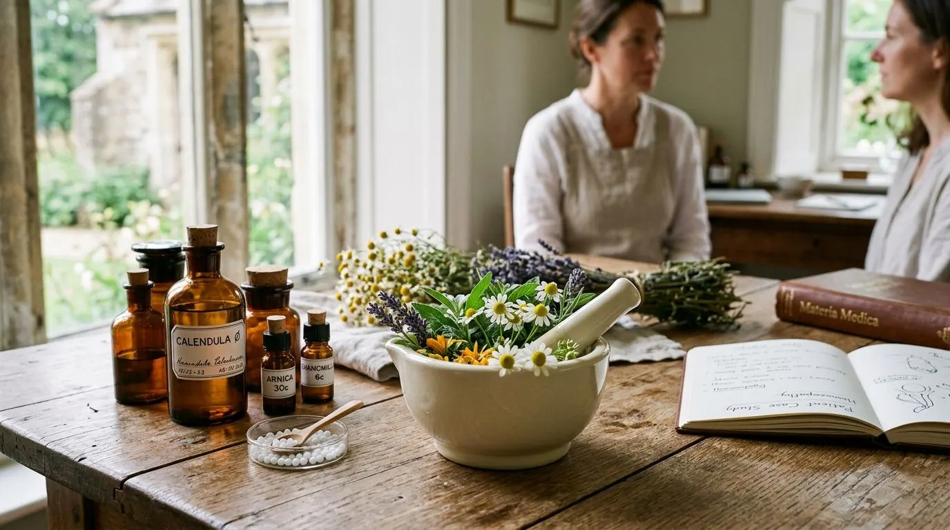 An open book, medicine bottles and a mortar with herbs on a study table by a window