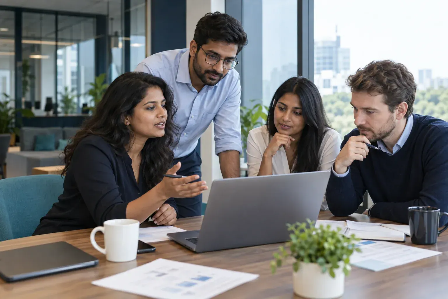 Colleagues working together around a laptop at a shared desk in an open office