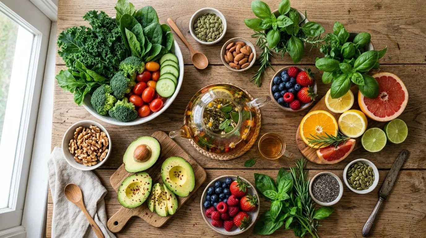 A table of fresh vegetables, fruit, nuts, seeds and herbal tea seen from above
