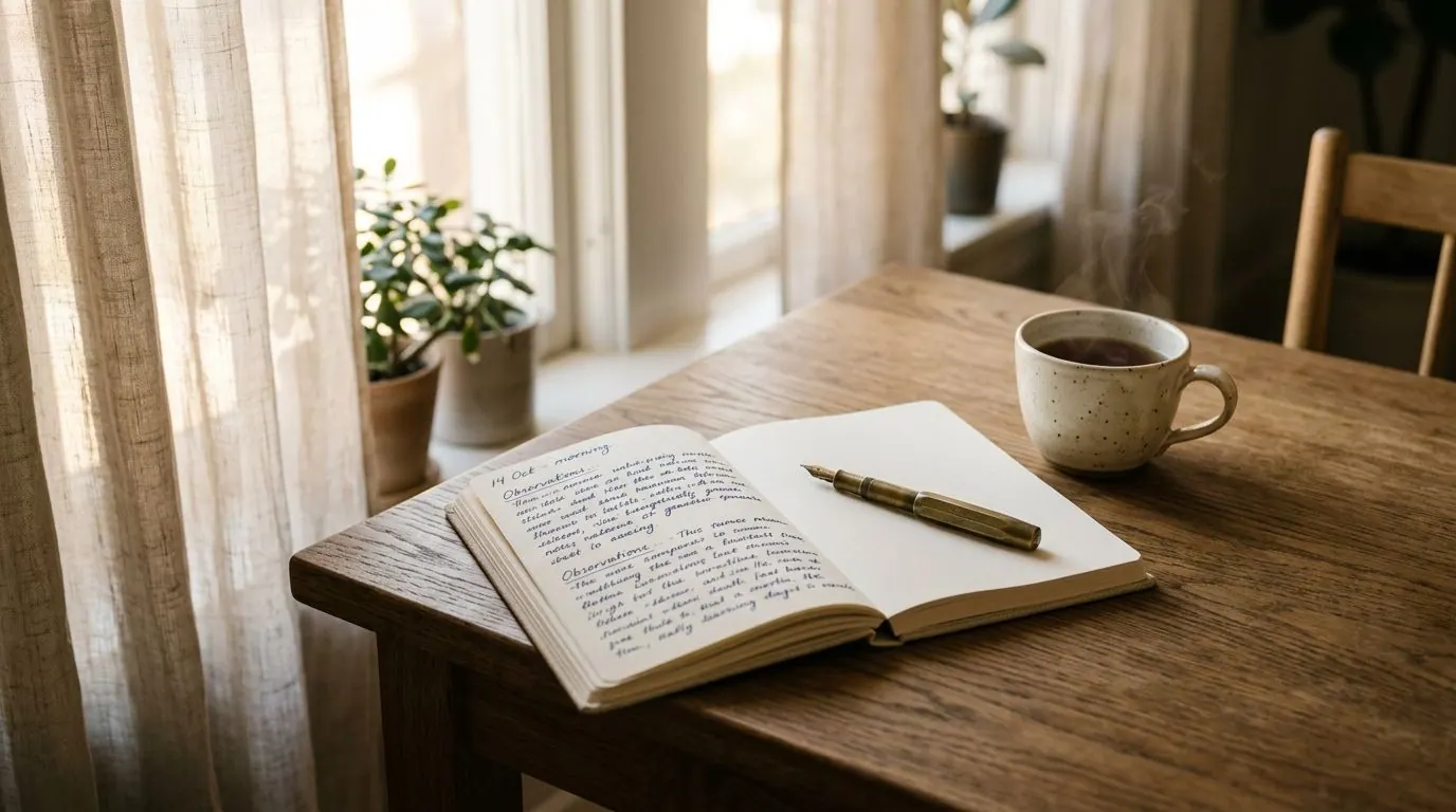 An open notebook with handwriting and a pen resting on it, beside a cup of coffee on a wooden table in morning light